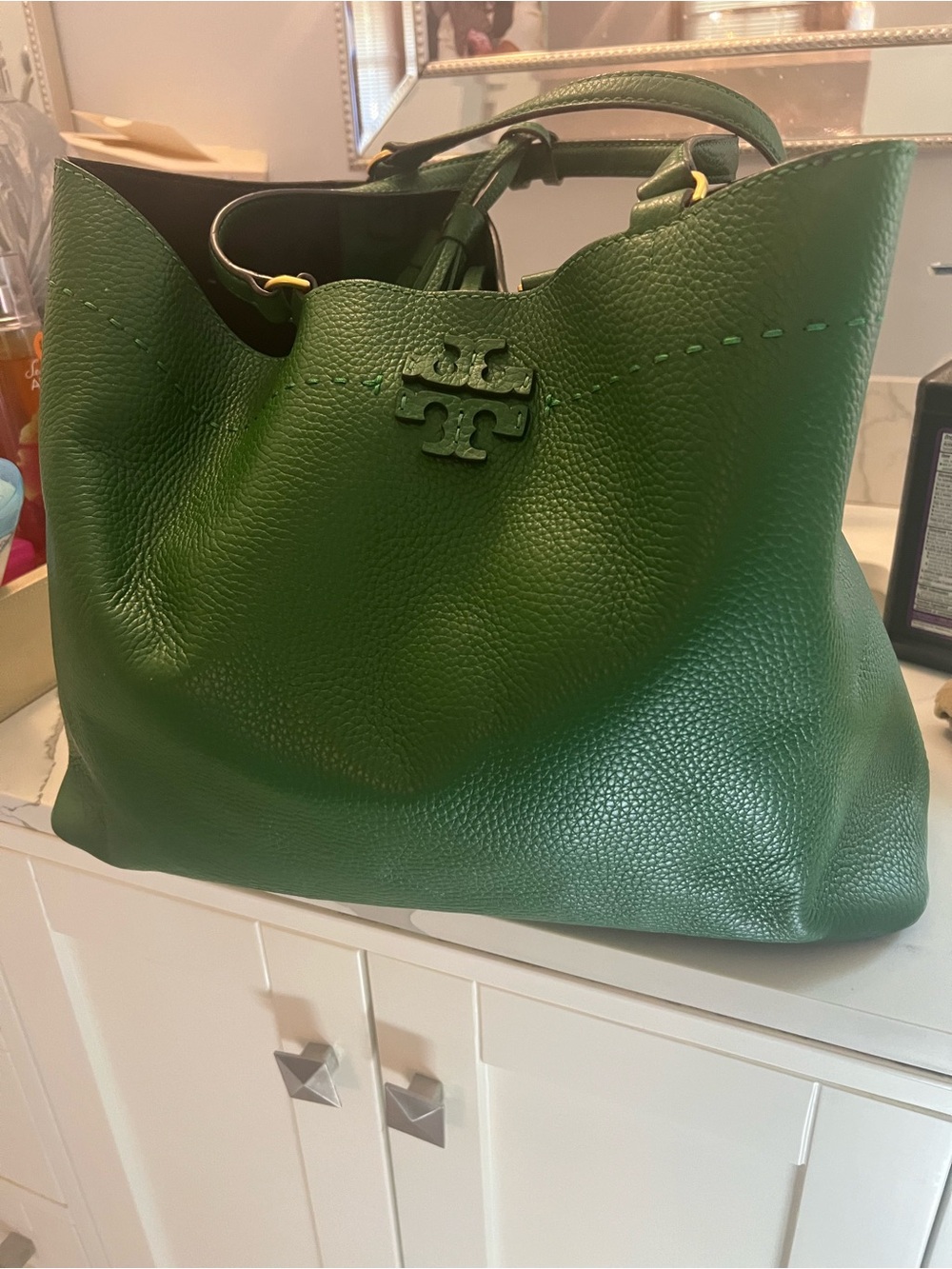 Tory Burch Emerald Green Pebbled Leather Tote with Tassel - Picture 3 of 6